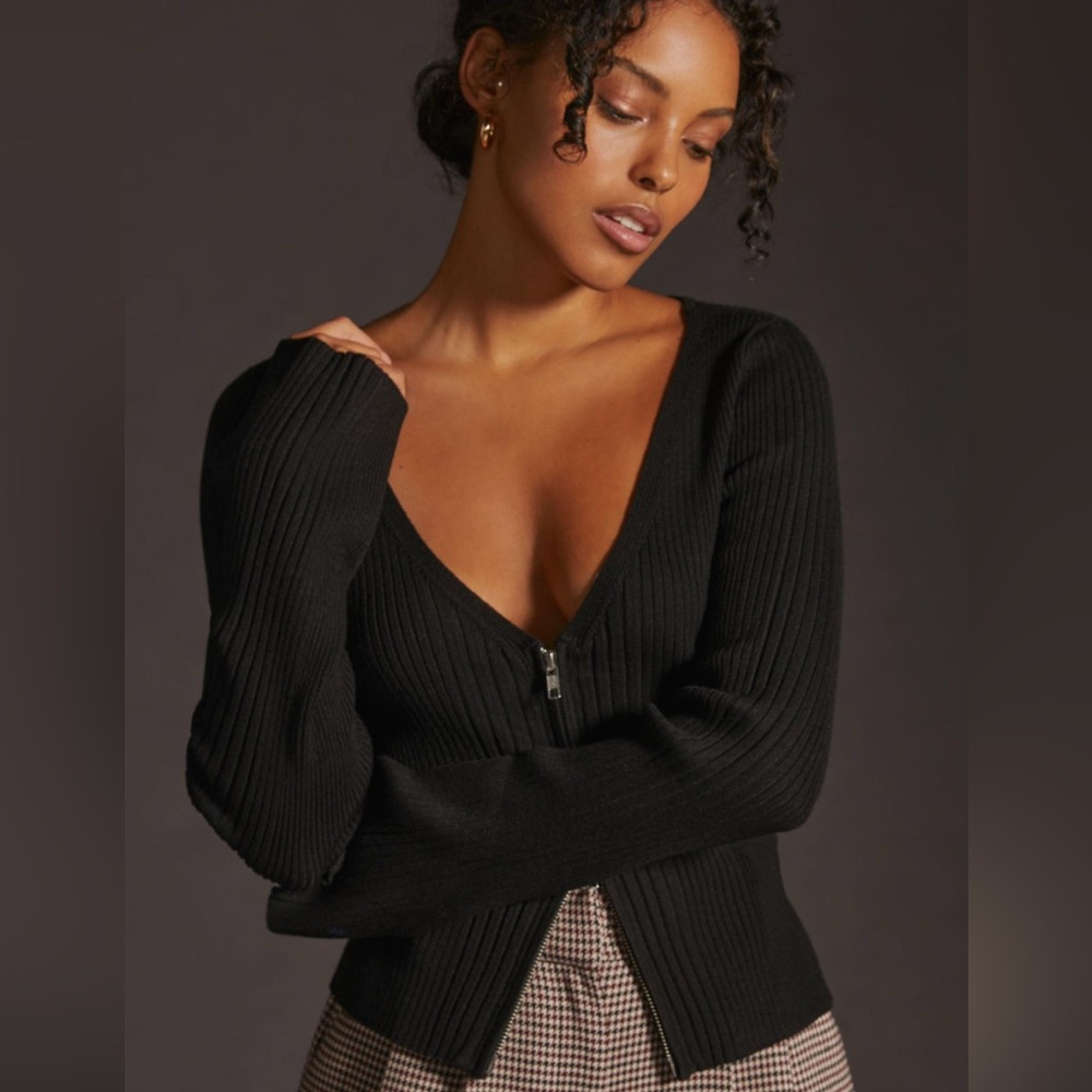 Maeve Zip-Front Cardigan Black Sweater Anthropologie Small gently used looks new